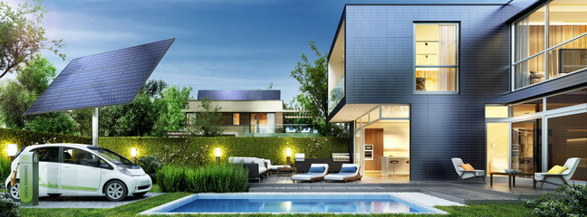 Modern house with solar panels and electric car