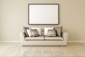 White canvas on the wall in the living room. 3D render.