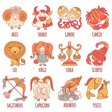 Set illustration with cartoon zodiac signs. Freehand drawing