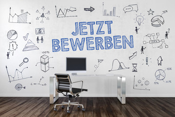 JETZT BEWERBEN | Desk in an office with symbols