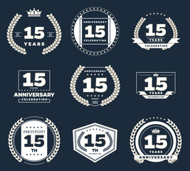 Fifteen years anniversary logotype. 15th anniversary logo set.