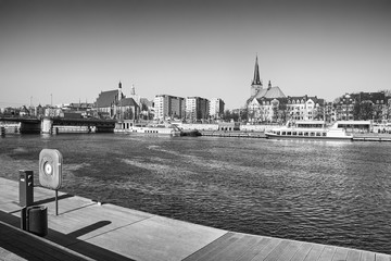 Black and white picture of Szczecin (Stettin) waterfront, boulevard view, Poland.