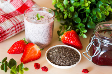 Healthy breakfast with yogurt, chia and strawberry