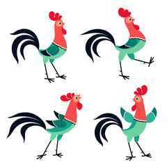 Set of cartoon rooster in various poses isolated on white background © Elokua