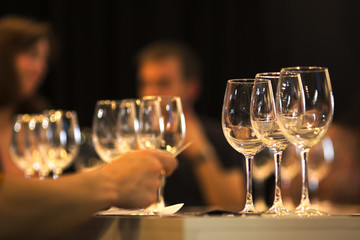 wine tasting sampling with glasses , selective focus