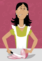 Woman chopping onion and crying, EPS 8 vector illustration