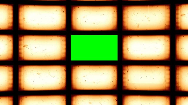Animated distorted curved vintage video wall with green screen. 3D rendering 4K