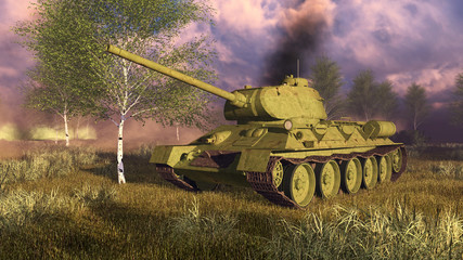 Fototapeta na wymiar Close up of legendary russian tank T-34 on Second World War battlefield. Birches and smoke on a background. 3D illustration.