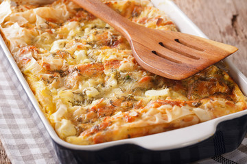 Freshly baked Serbian Gibanica with cheese, eggs and greens close-up. horizontal