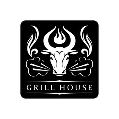 The head of powerful animal bull with the letters Steak House for BBQ restaurant menu. Black vector, isolated on background.