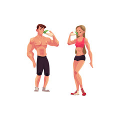 Man and woman bodybuilders, weightlifters drinking protein shake after training, cartoon vector illustration isolated on white background. Full length portrait of man and woman drinking protein