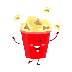 Cute and funny cinema popcorn in red bucket character with smiling human face, cartoon vector illustration isolated on white background. Smiling cinema popcorn bucket character, mascot