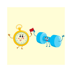 Funny stopwatch and dumbbell characters with human faces, sport equipment, cartoon vector illustration isolated on white background. Funny stopwatch and dumbbell characters, gym training concept