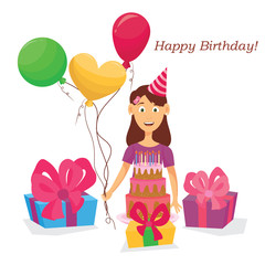 Lovely girl with birthday cake, balls, gifts. Vector