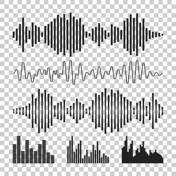 Vector sound waveforms icon. Sound waves and musical pulse vector illustration on isolated background.