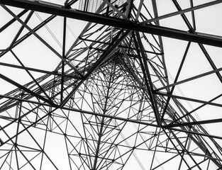 Looking up inside electricity pylon, Wyre Estuary Country Park, Thornton, Lancashire, UK