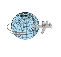 The man on the plane flies around the earth. The concept of traveling. vector illustration.