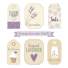 Set of vintage labels and tags with lavender. Isolated vector objects, illustrations.