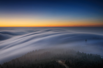 Amazing view from Jested mountain peak during cold winter day. Liberec, Czech republic.