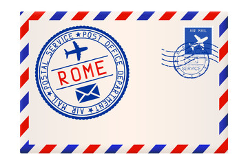 International air mail envelope from ROME, Italy. With round blue postal stamp