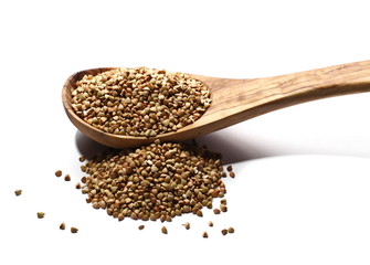 Buckwheat in wooden spoon, isolated on white background