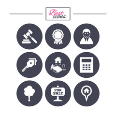 Real estate, auction icons. Handshake, for sale.
