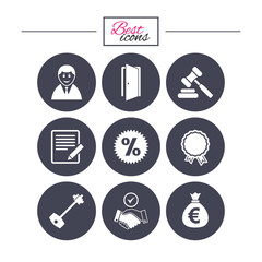 Real estate, auction icons. Home key sign.