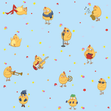 Seamless children's wallpaper. Cheerful chickens on a blue background. vector illustration