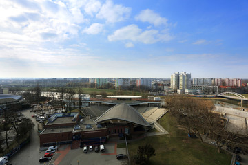 Panorama miasta Opole, widok z wieży Piastowskiej, amfiteatr.