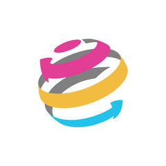 Isolated abstract globe logo from color arrows. Social network and travel companies label