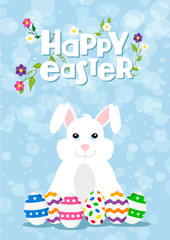 Easter greeting card of happy rabbit and eggs