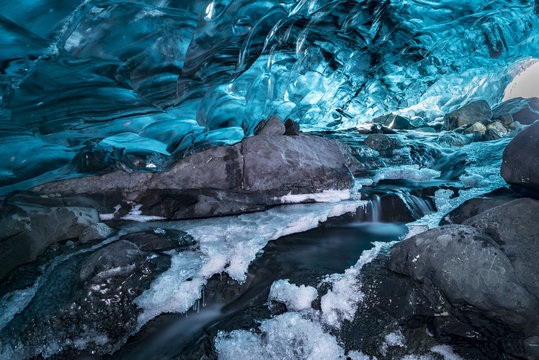 River inside glacial and ice cave
