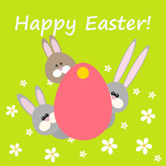 Happy Easter Greeting card with egg and rabbits vector illustration.