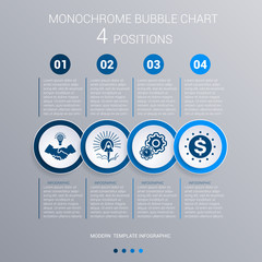 Monochrome blue bubbles chart Infographics for 4 steps