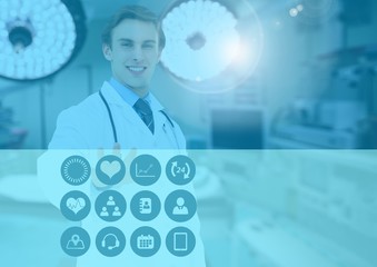 Obraz premium Male doctor touching medical icons on interface screen