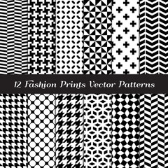 Black and White Fashion Prints Seamless Patterns. Houndstooth, Herringbone, Triangle, Cross, Lattice, Polka Dot and Chevron Geometric Backgrounds. Pattern Swatches Included in Vector File. - obrazy, fototapety, plakaty