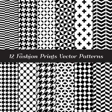 Black and White Fashion Prints Seamless Patterns. Houndstooth, Herringbone, Triangle, Cross, Lattice, Polka Dot and Chevron Geometric Backgrounds. Pattern Swatches Included in Vector File.