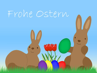 Frohe Ostern, Osterhasen mit Eiern und Tulpen auf einer Wiese