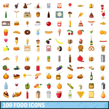 100 food  icons set, cartoon style