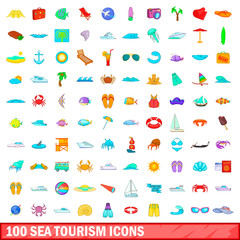 100 sea tourism icons set, cartoon style