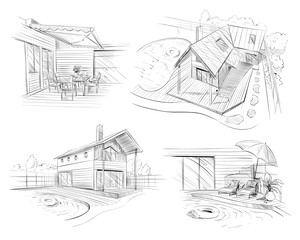 Hand drawn cottage house sketch design set. Vector illustration