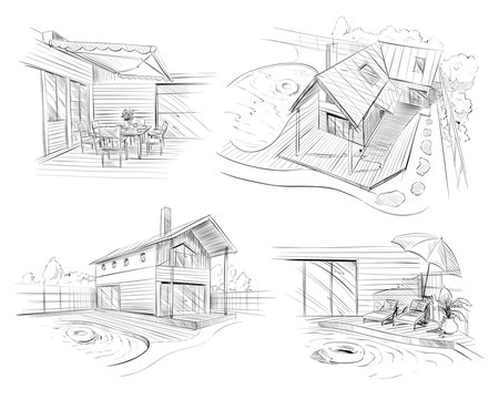 Hand Drawn Cottage House Sketch Design Set. Vector Illustration