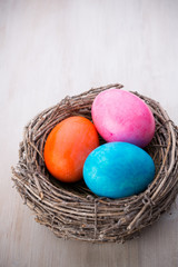 Easter eggs in the nest. Spring discount card.