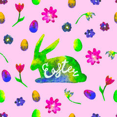 Watercolor hare silhouette with colourful eggs and flowers on pink background. Bright hand drawn illustration. Decorative Happy Easter template. Design for wallpaper, greeting card, web, print,poster