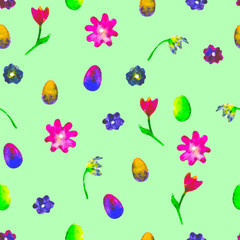 Floral seamless pattern. Hand painted daisies and tulips plum. Bright watercolor illustration. Colorful flowers on green background. Spring or summer wallpaper. For print, fabric, textile, paper.