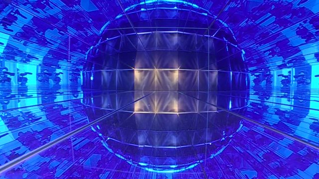 Colorful prism and mirror light effect seen from inside mirror infinity. Effect of prism explosion enveloped by mirrors. Color BLUE prism mirror effect