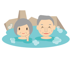 かわいいシニアカップル　温泉　露天風呂　