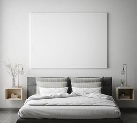 mock up poster frame in hipster bedroom interior background, scandinavian style, 3D render, 3D illustration