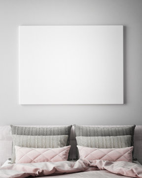 mock up poster frame in hipster bedroom interior background, scandinavian style, 3D render, 3D illustration