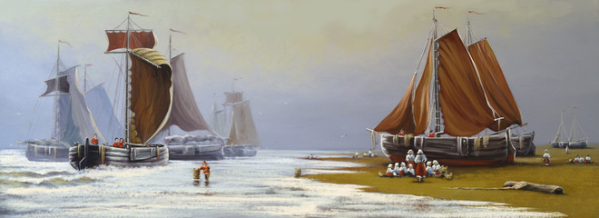Fisherman, ships,sea landscape,oil paintings